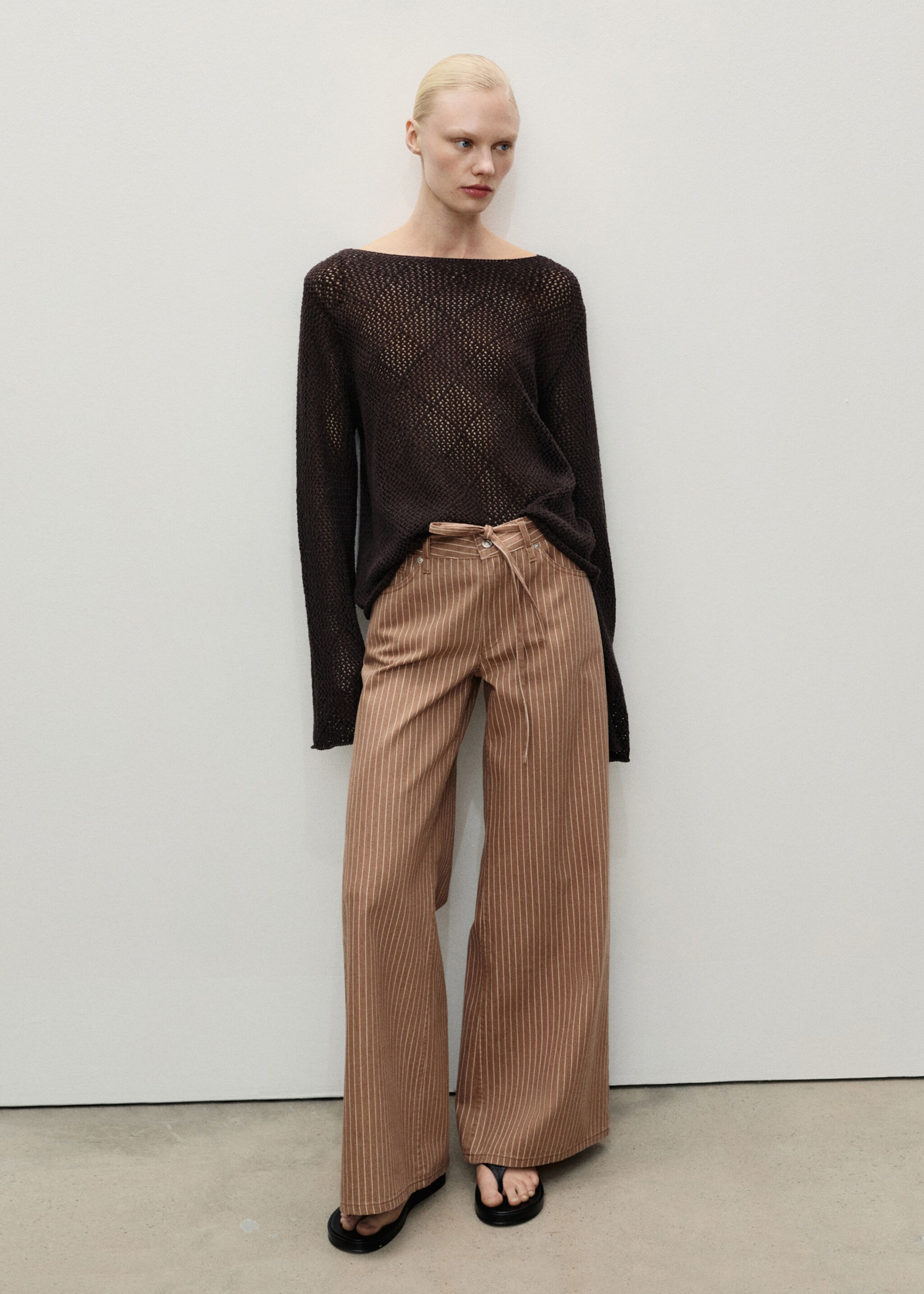 Wide leg jeans with stripes and belt - General plane, Medium Brown. Ref: 87067718-00.