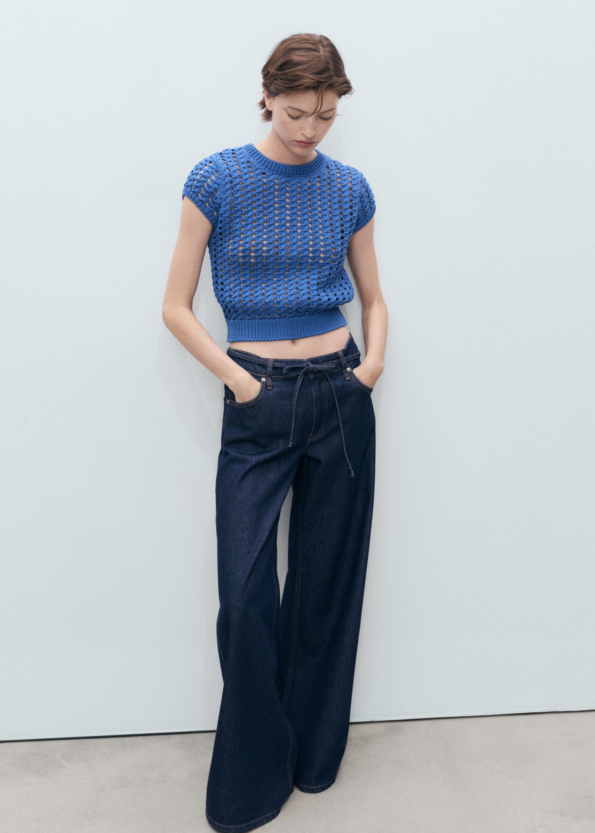 Short-sleeved crochet sweater - General plane, Blue. Ref: 87068643-00.