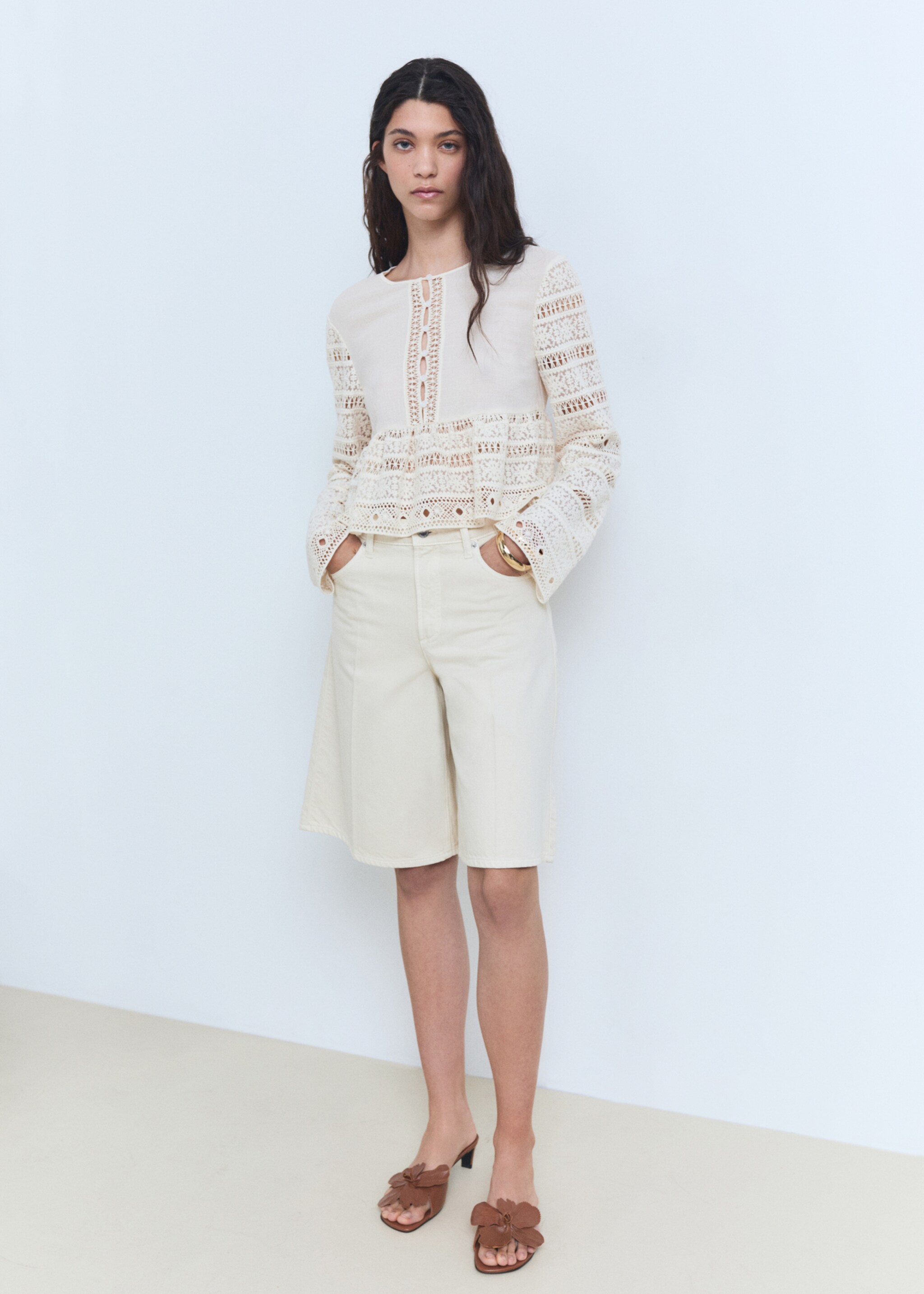 Embroidered cotton blouse with openwork details - General plane, Off White. Ref: 87068647-00.