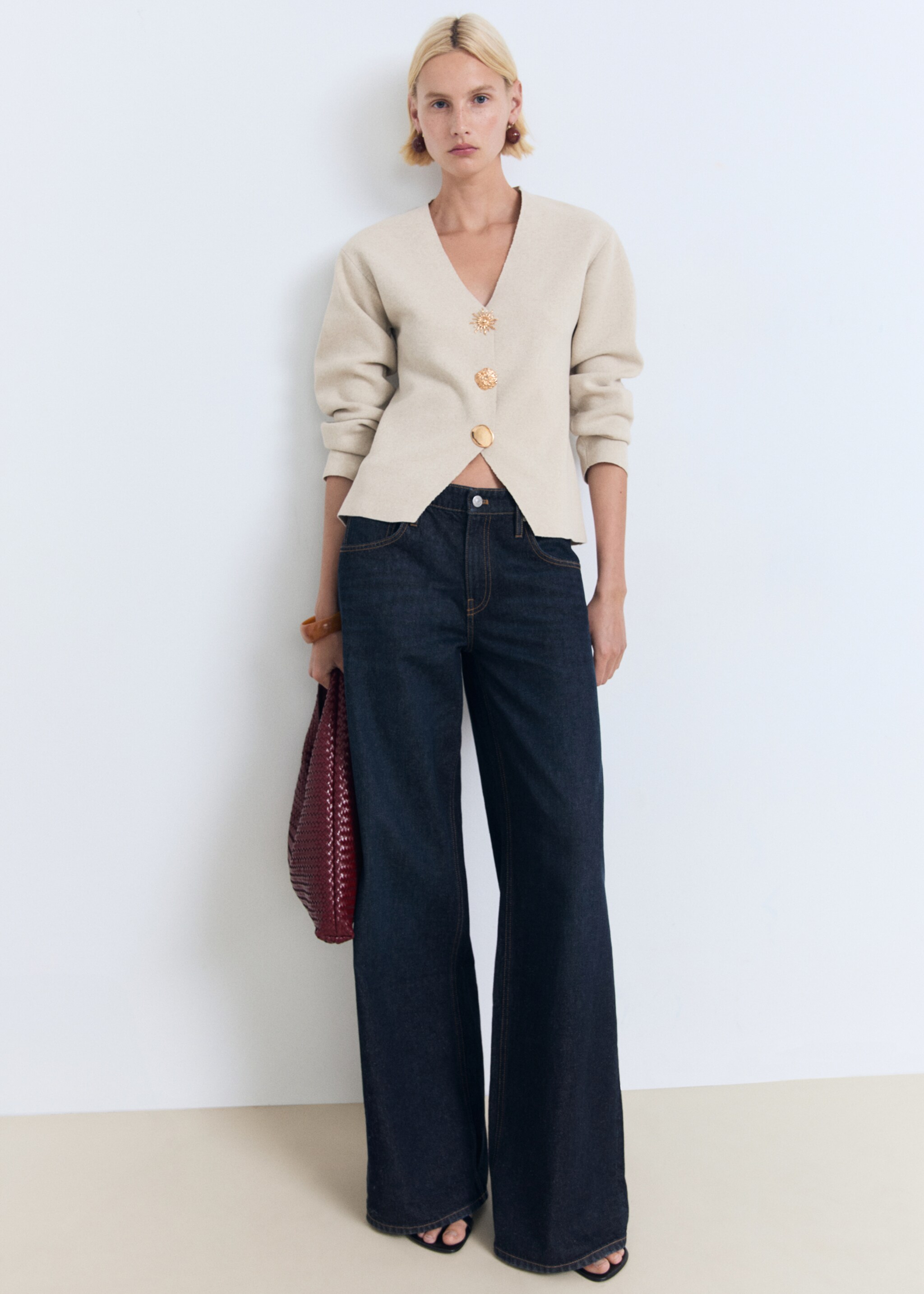 Fine-knit jacket with jewel buttons - General plane, Beige. Ref: 87069065-00.