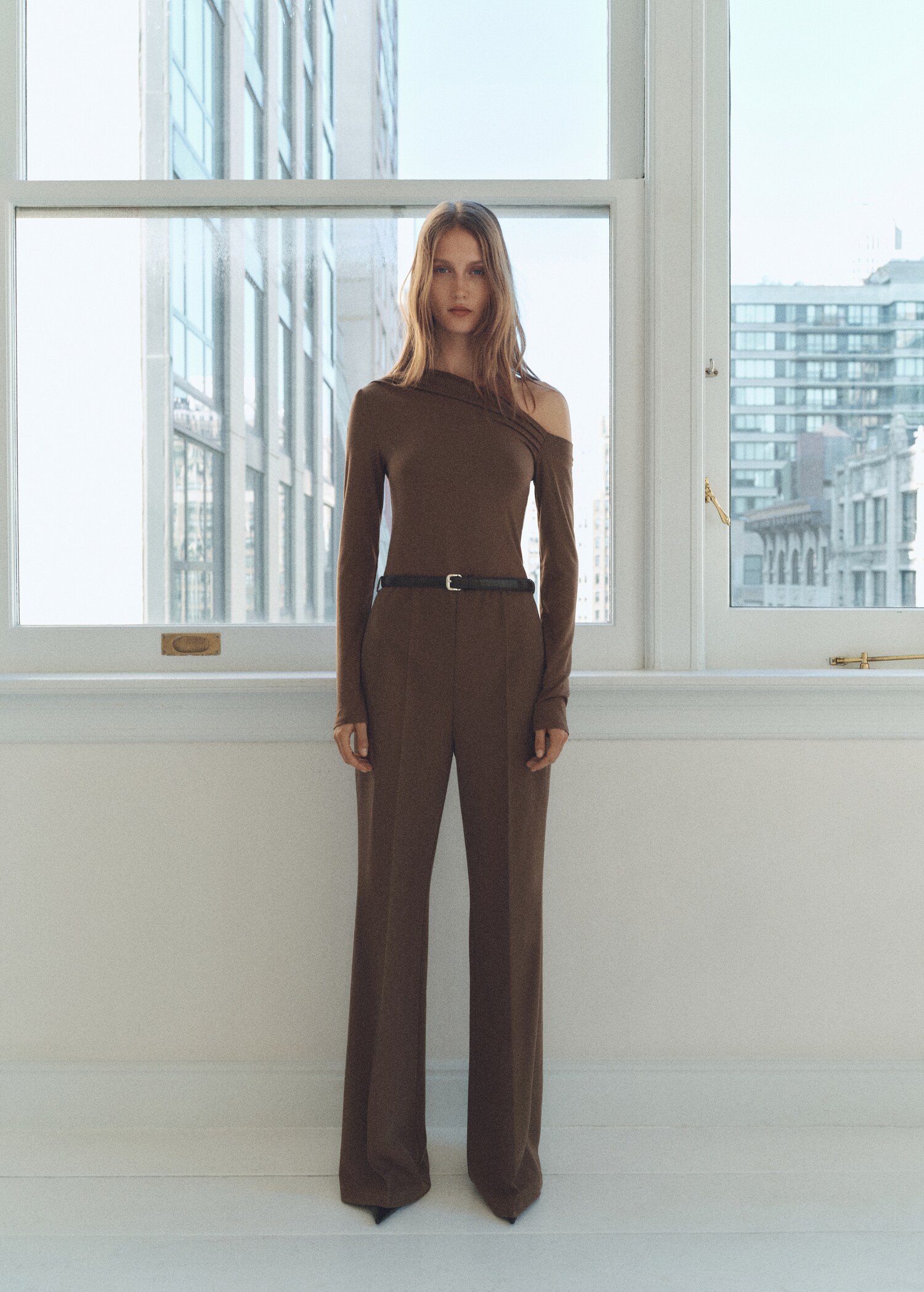 Combined-fabric jumpsuit with belt - General plane