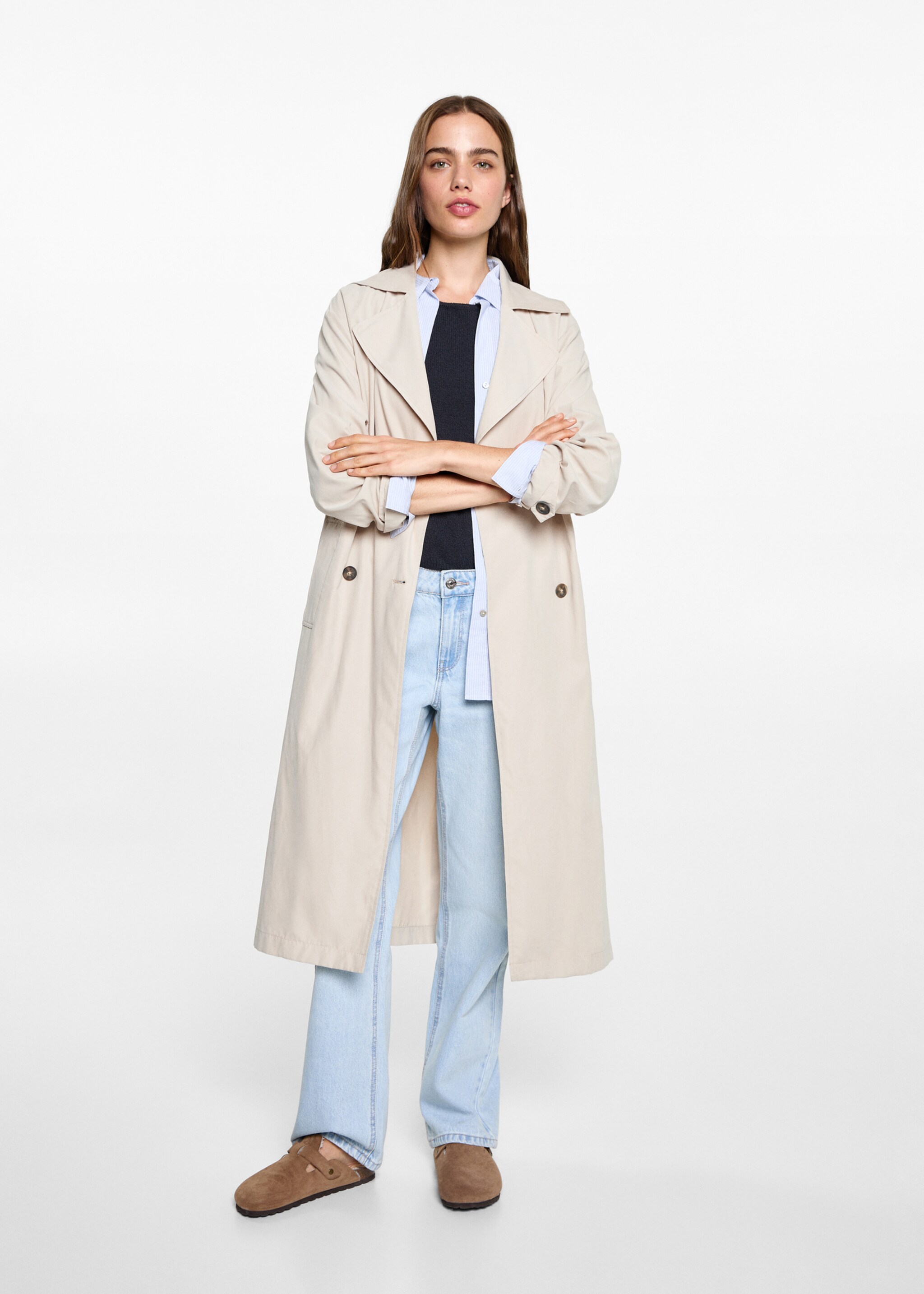 Soepelvallende trenchcoat met ceintuur - Overzichtstekening, Open beige. Ref: 87072536-00.