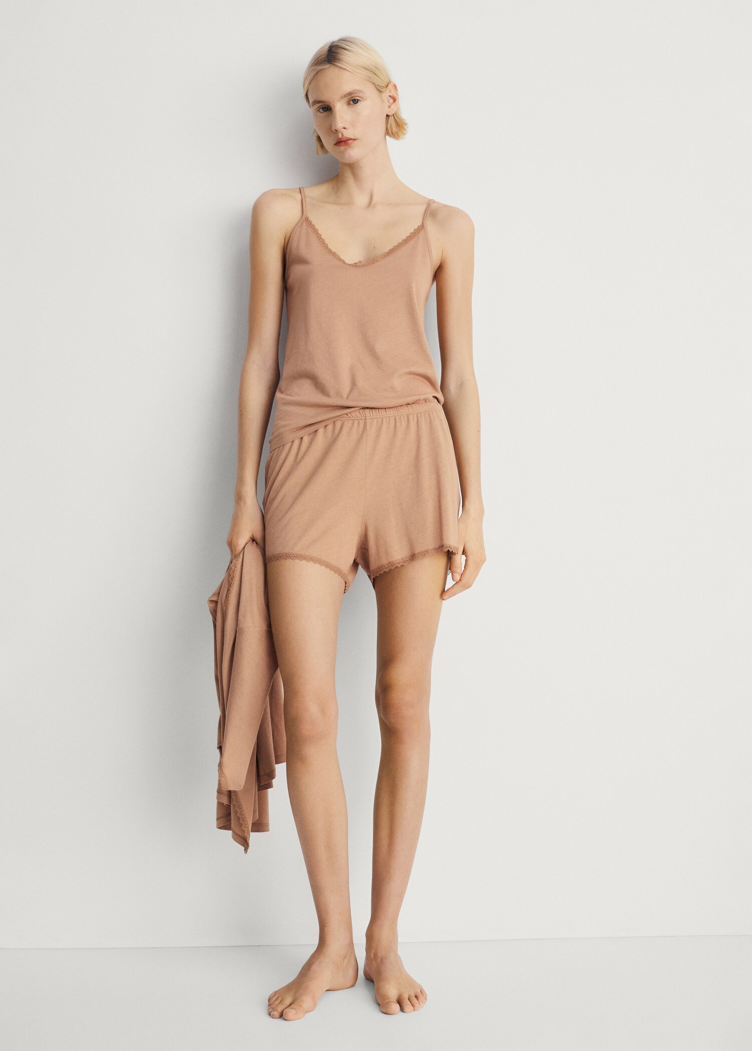 Short de pyjama coton dentelle rapporté contrasté - Plan général