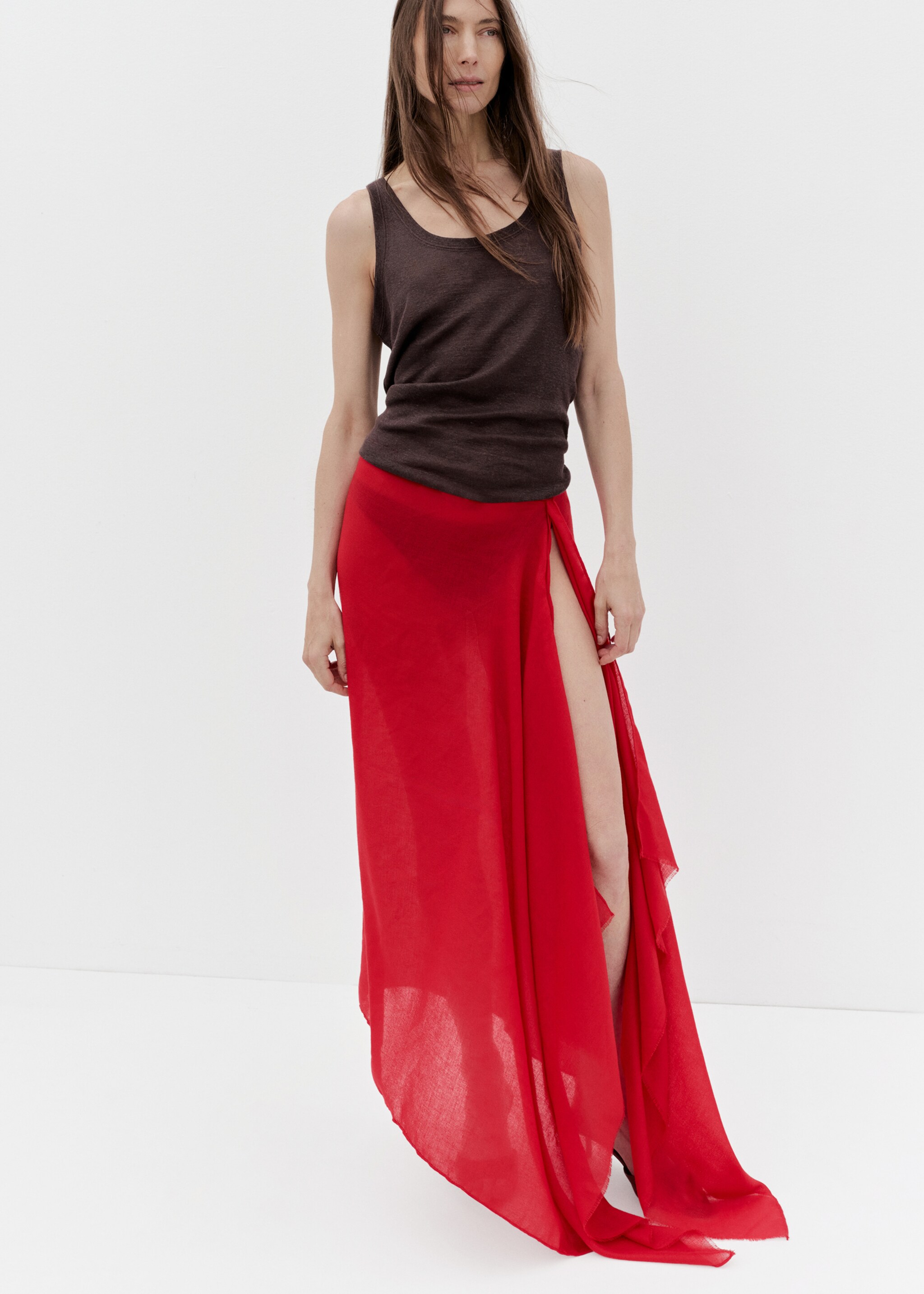 Linen-blend scarf with frayed ends - General plane, Red. Ref: 87075924-00.