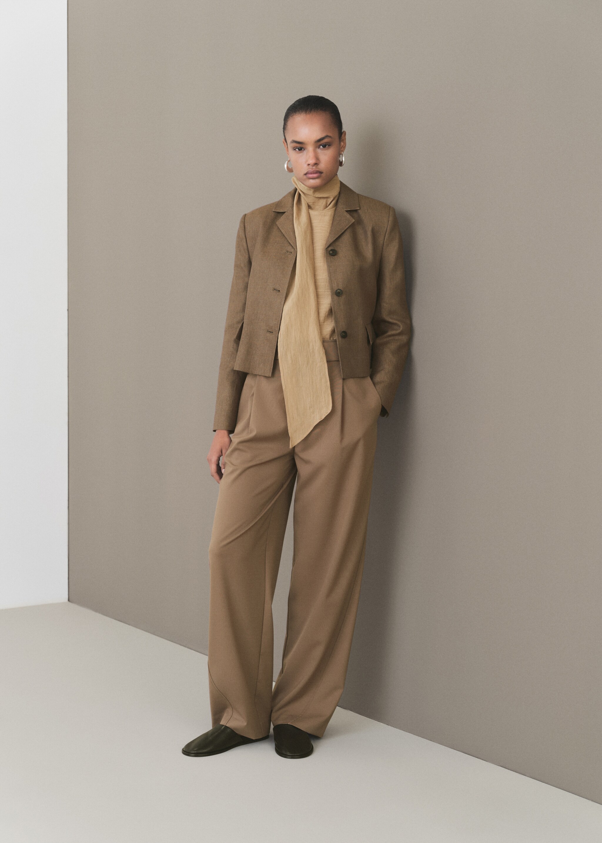 Linen-blend cropped jacket - General plane, Chocolate. Ref: 87076352-00.