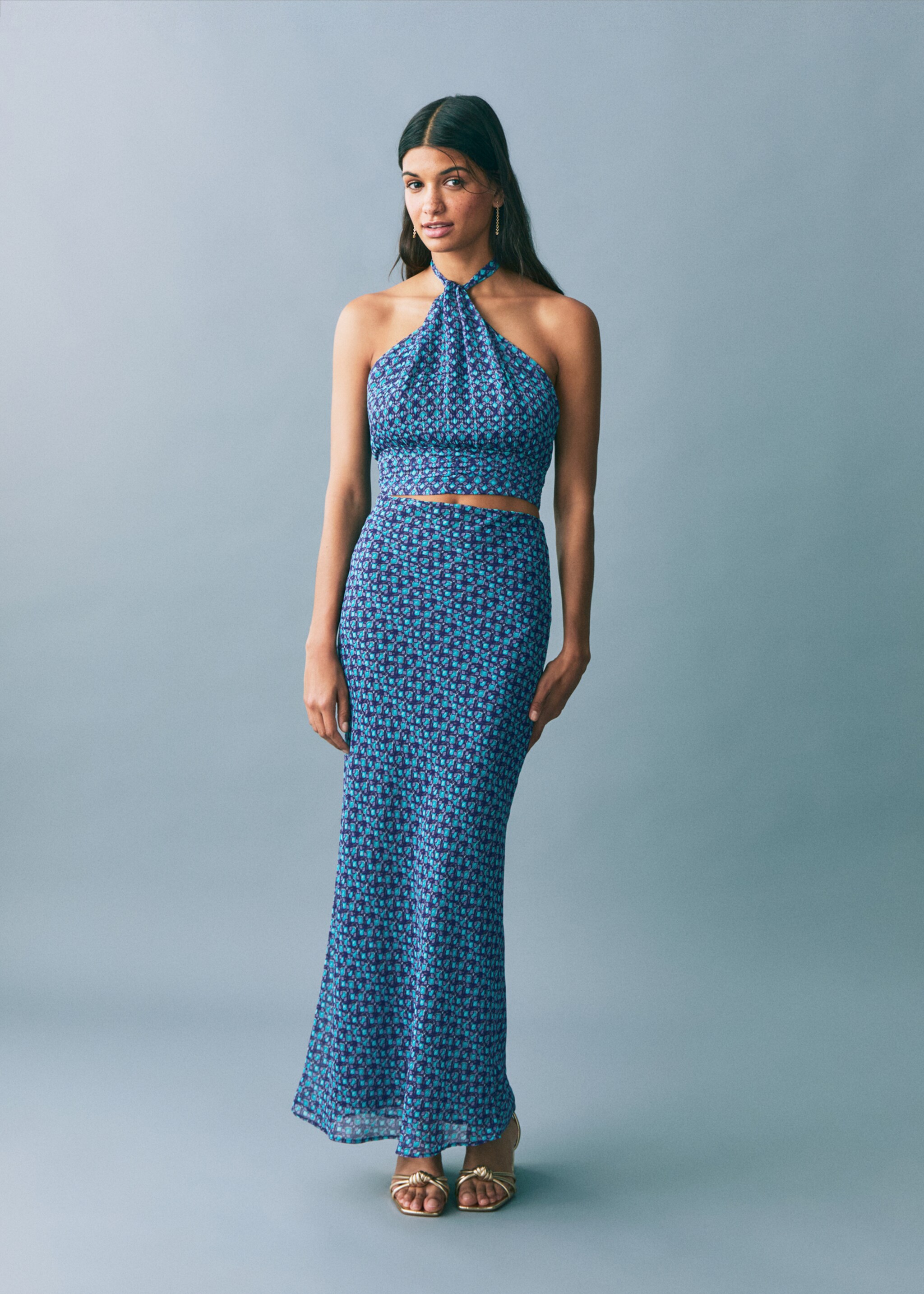 Halter-neck printed top - General plane, Turquoise. Ref: 87076361-00.