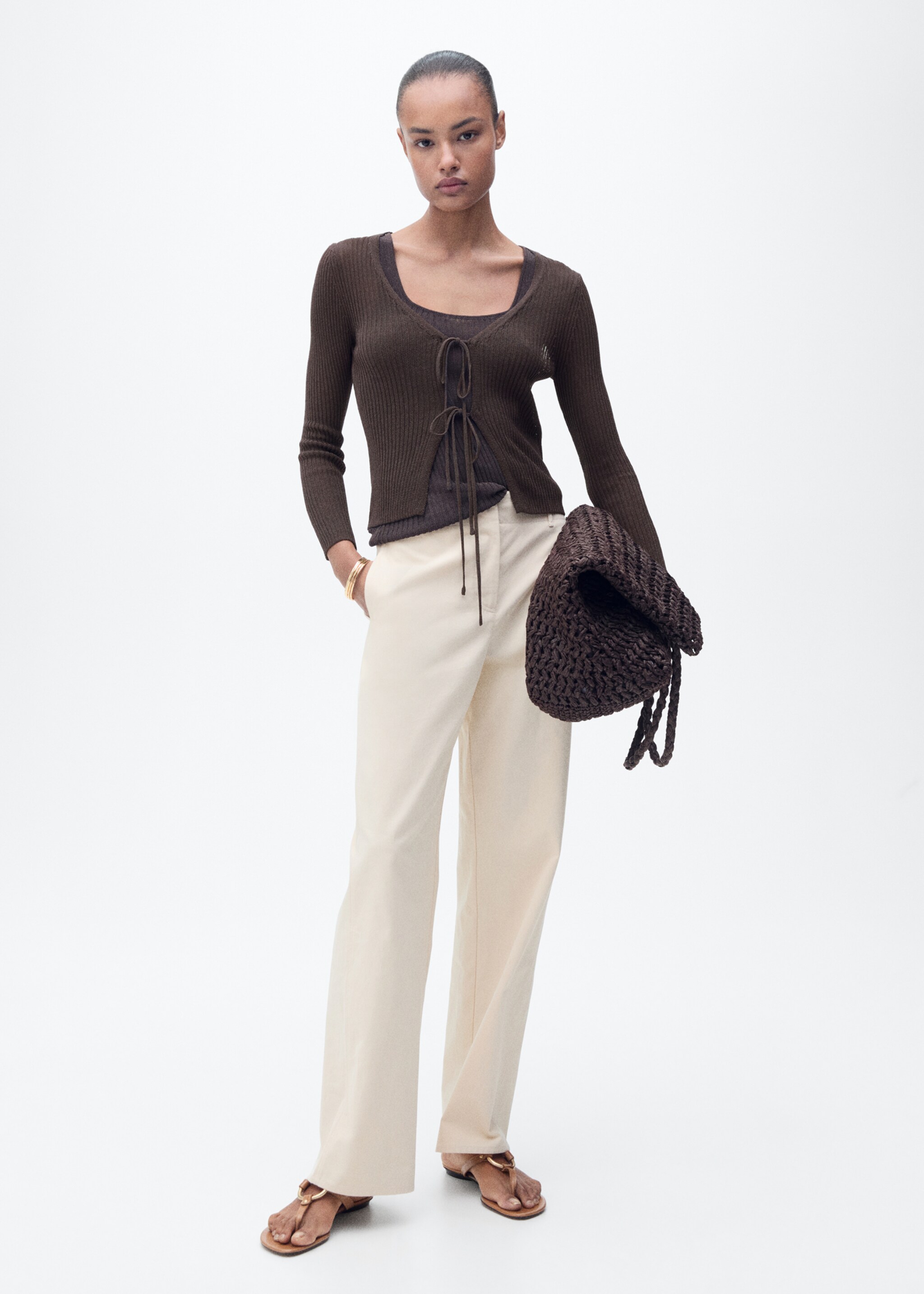 Cárdigan punto canalé lazos - Plano general, Chocolate. Ref: 87077171-00.