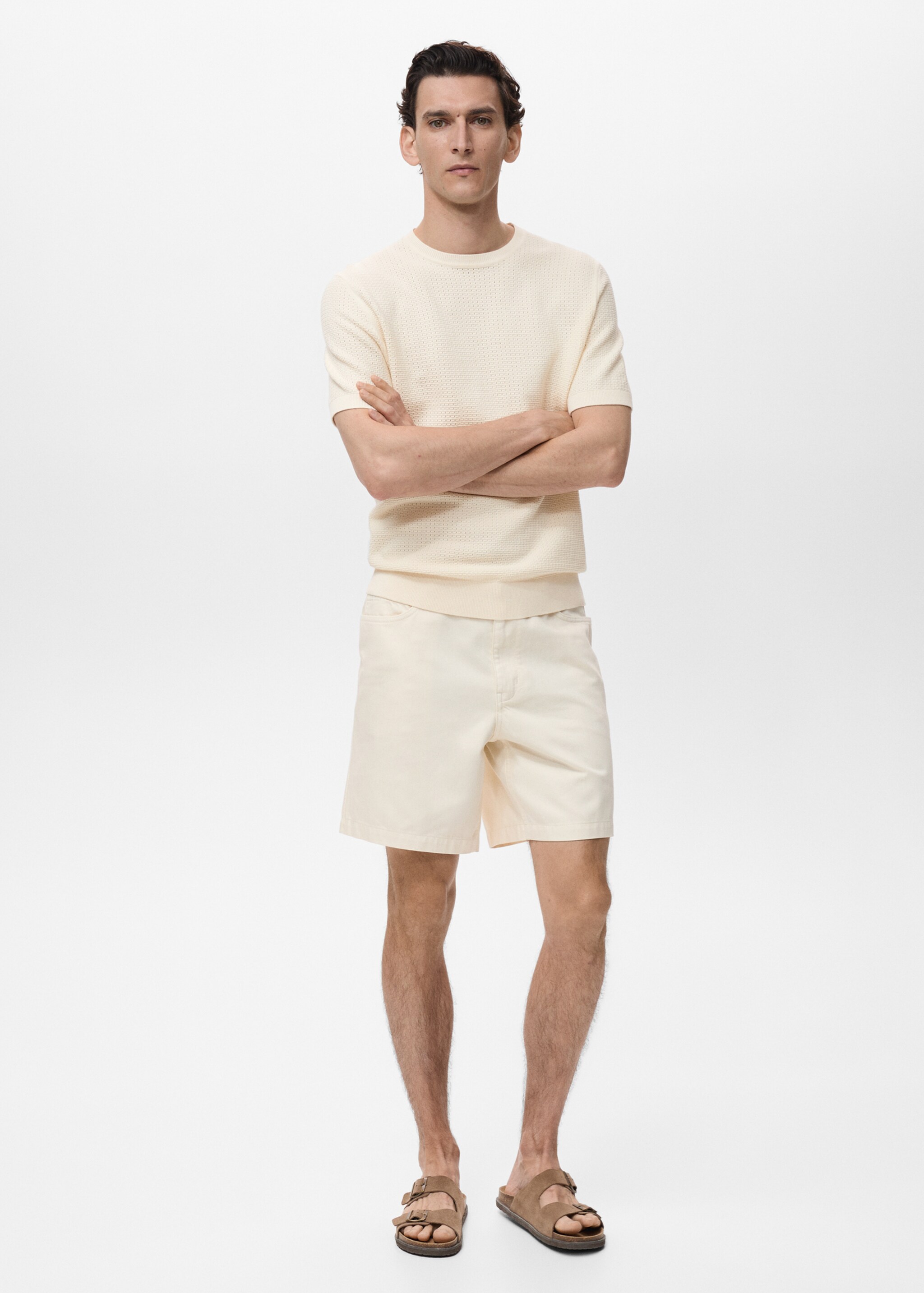 Openwork knitted cotton t-shirt - General plane, Ivory White. Ref: 87079211-00.