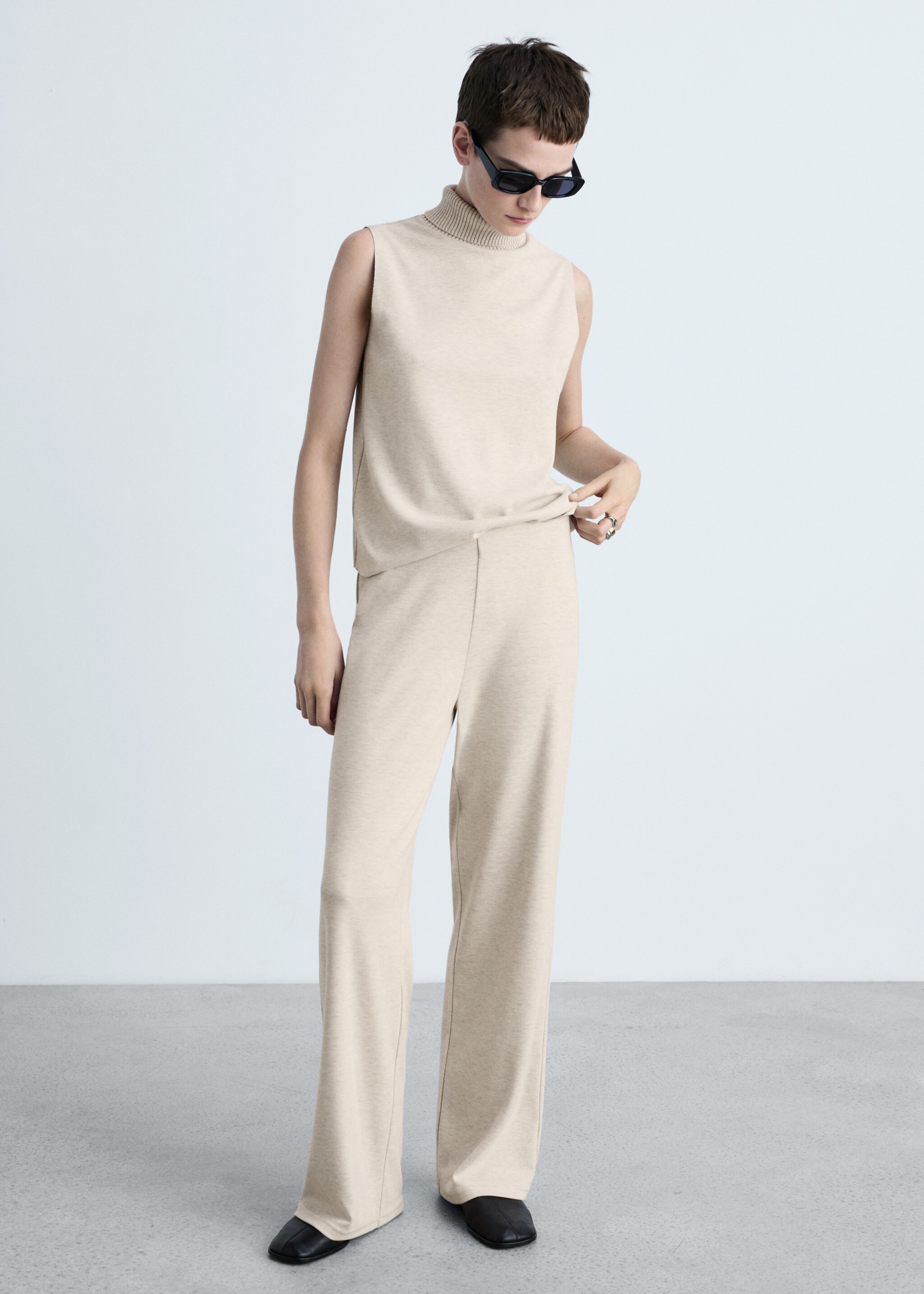 Fine-knit wide-leg trousers - General plane, Beige. Ref: 87080456-00.