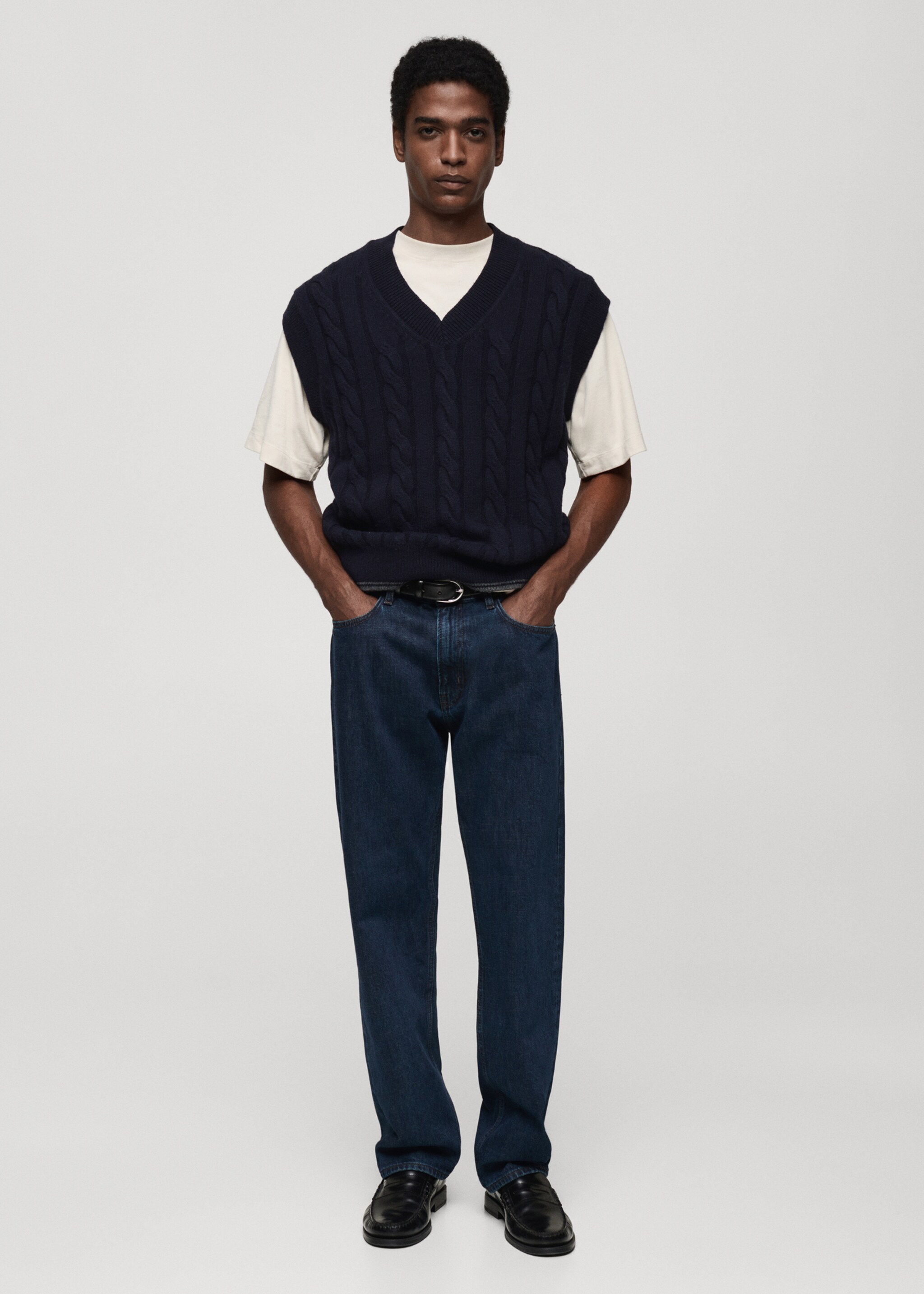 Braided knitted wool waistcoat - General plane, Dark Navy. Ref: 87080598-00.