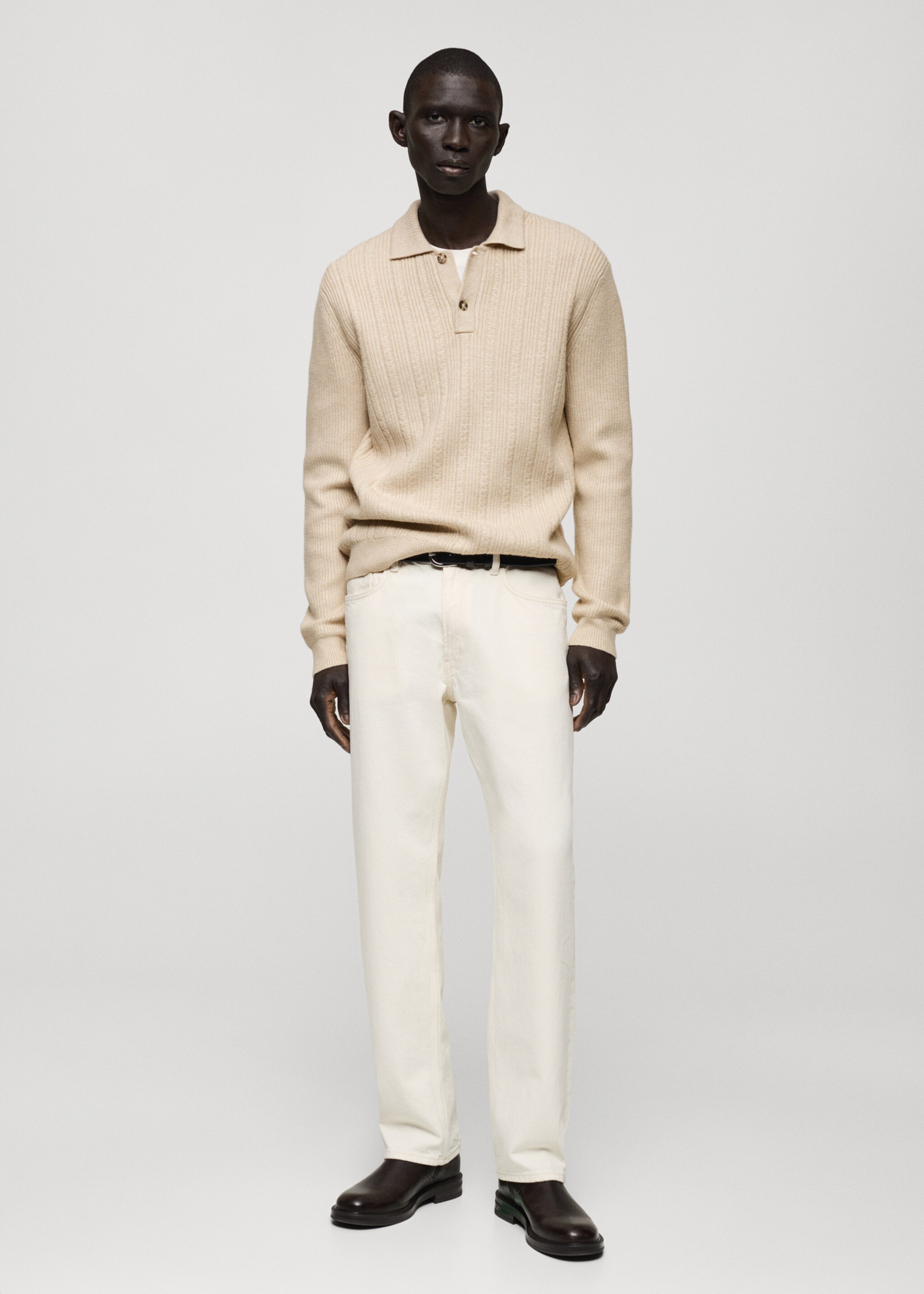 Knitted structured polo sweater - General plane, Ecru. Ref: 87080599-00.