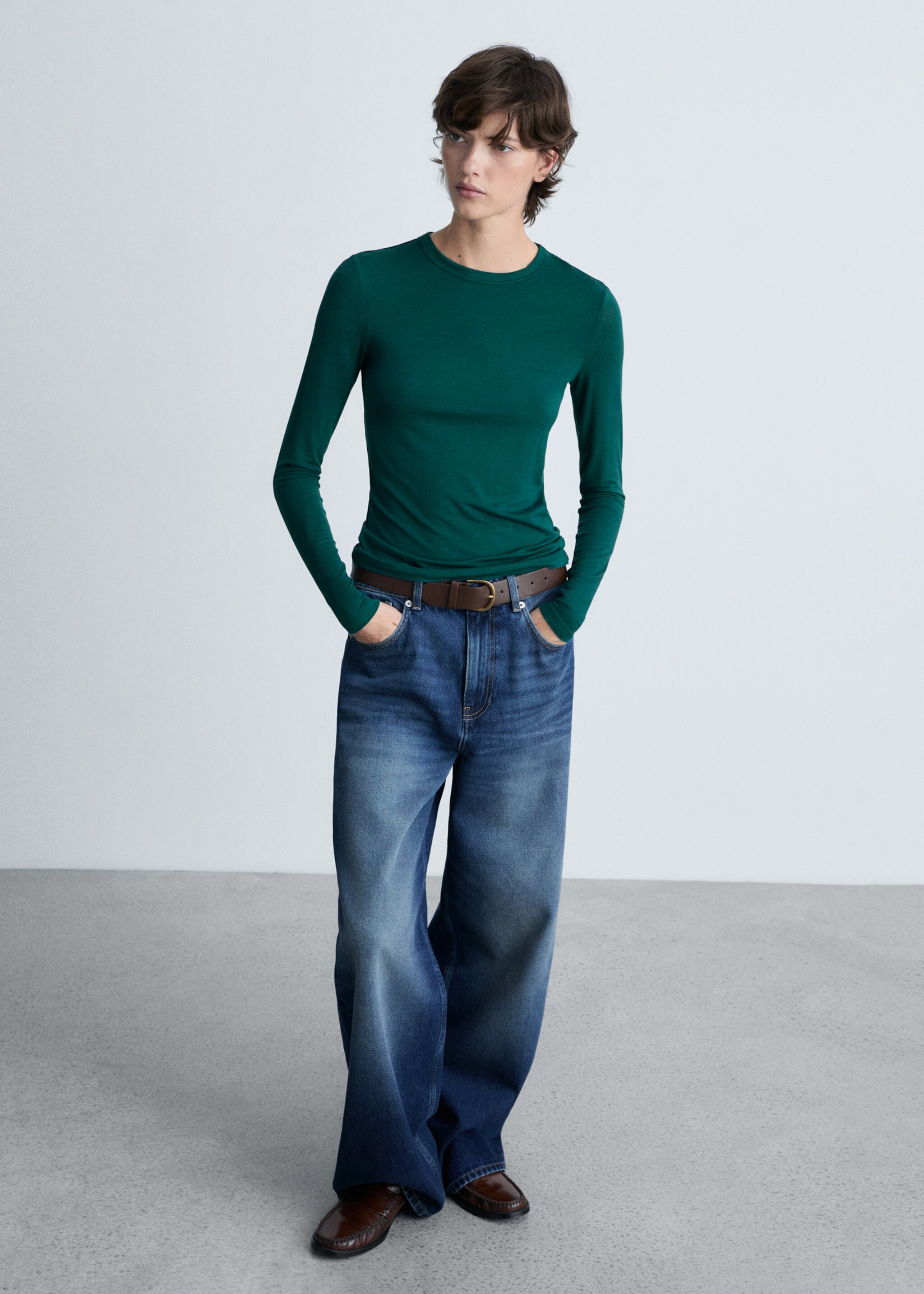 Round-neck long-sleeved t-shirt - General plane, Dark Green. Ref: 87080619-00.