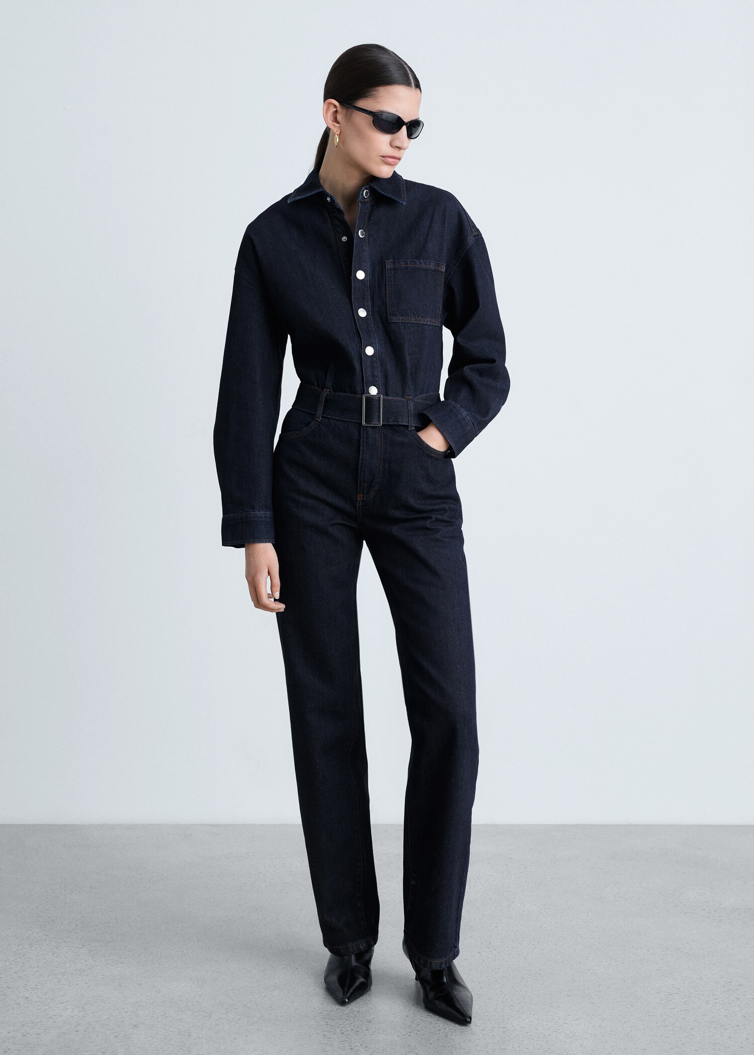 Rinse-wash denim jumpsuit with belt - General plane