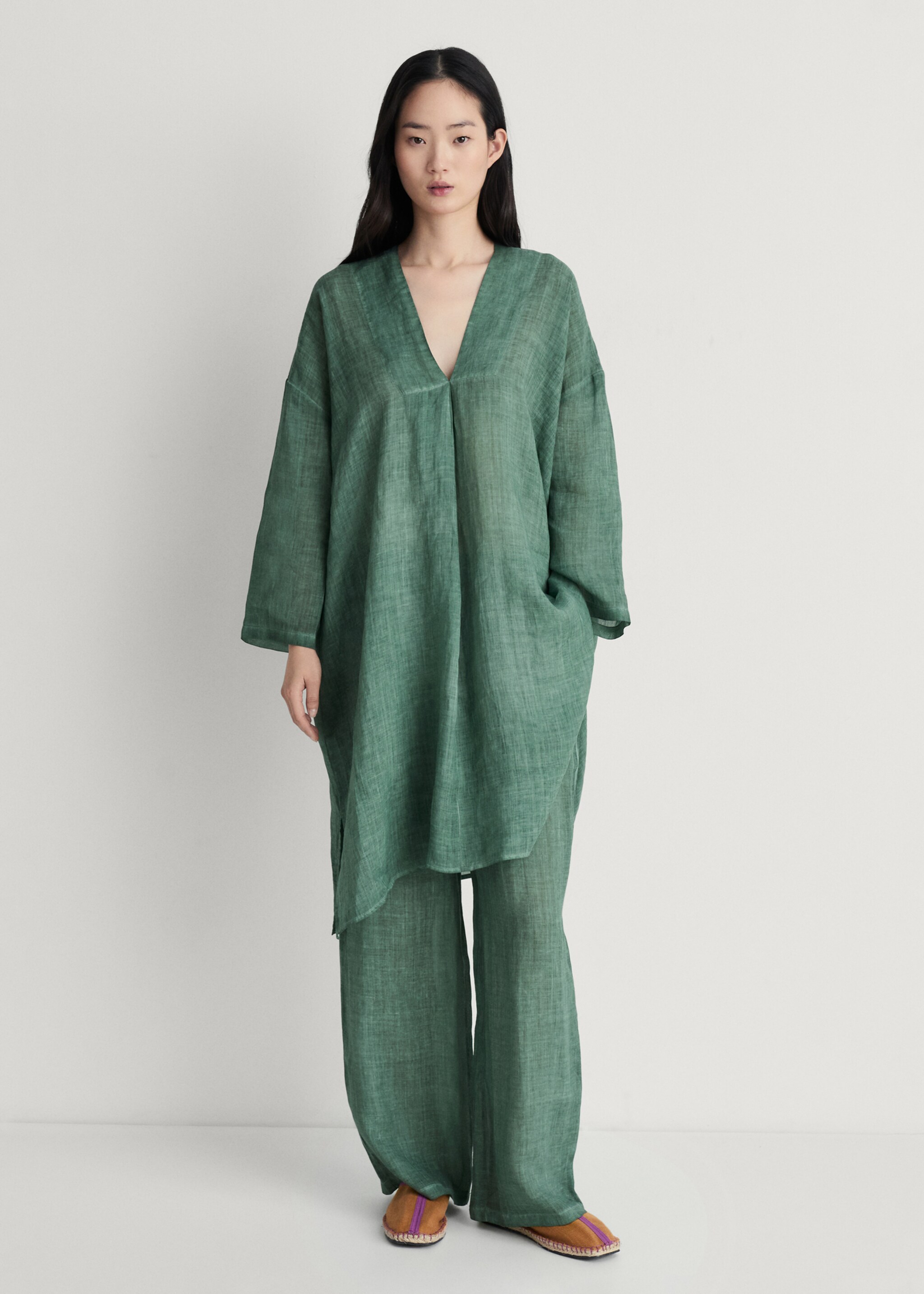 Ramie caftan with overdyed design - General plane, Dark Grey. Ref: 87085935-00.