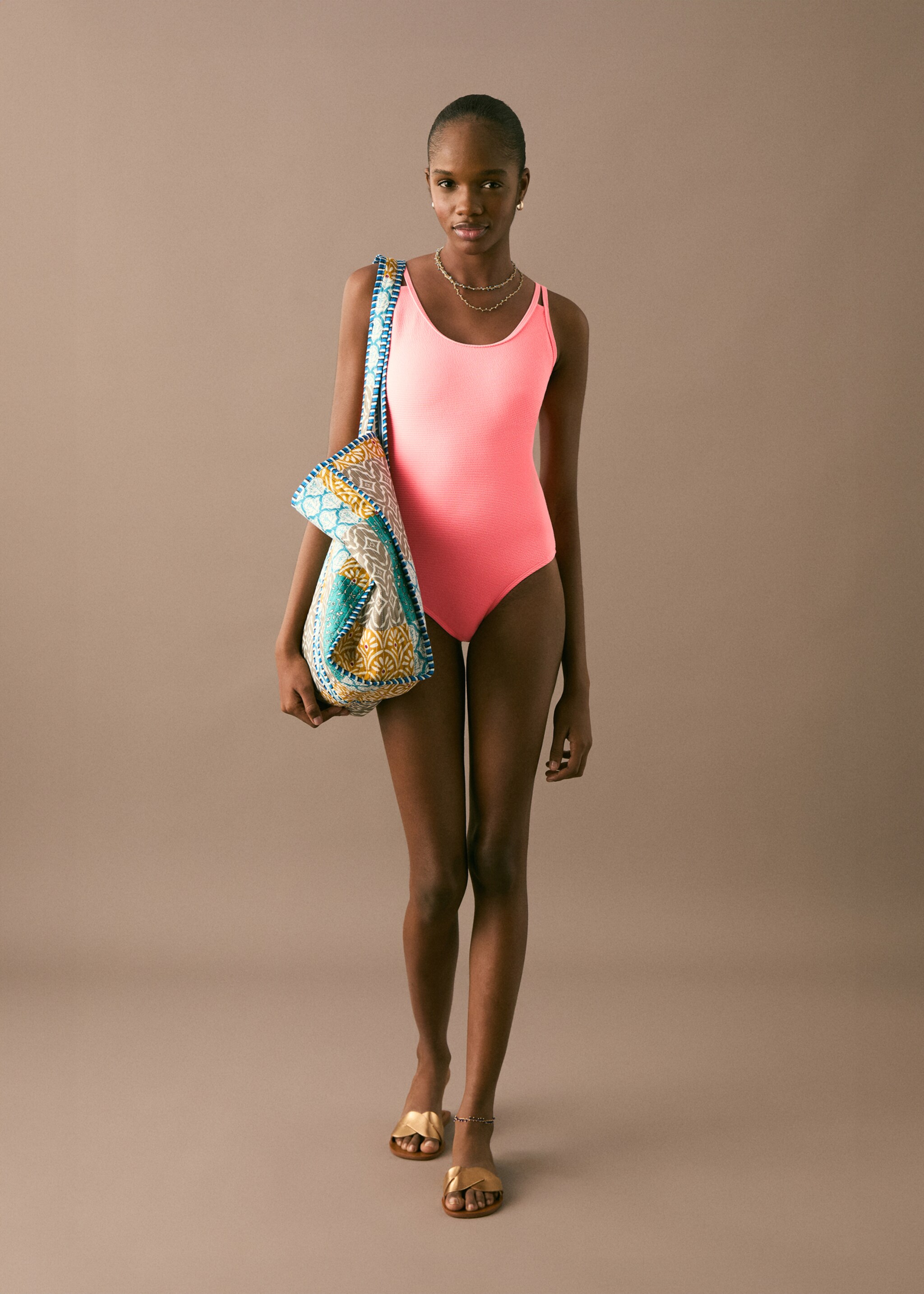Textured swimsuit - General plane, Coral Red. Ref: 87087174-00.