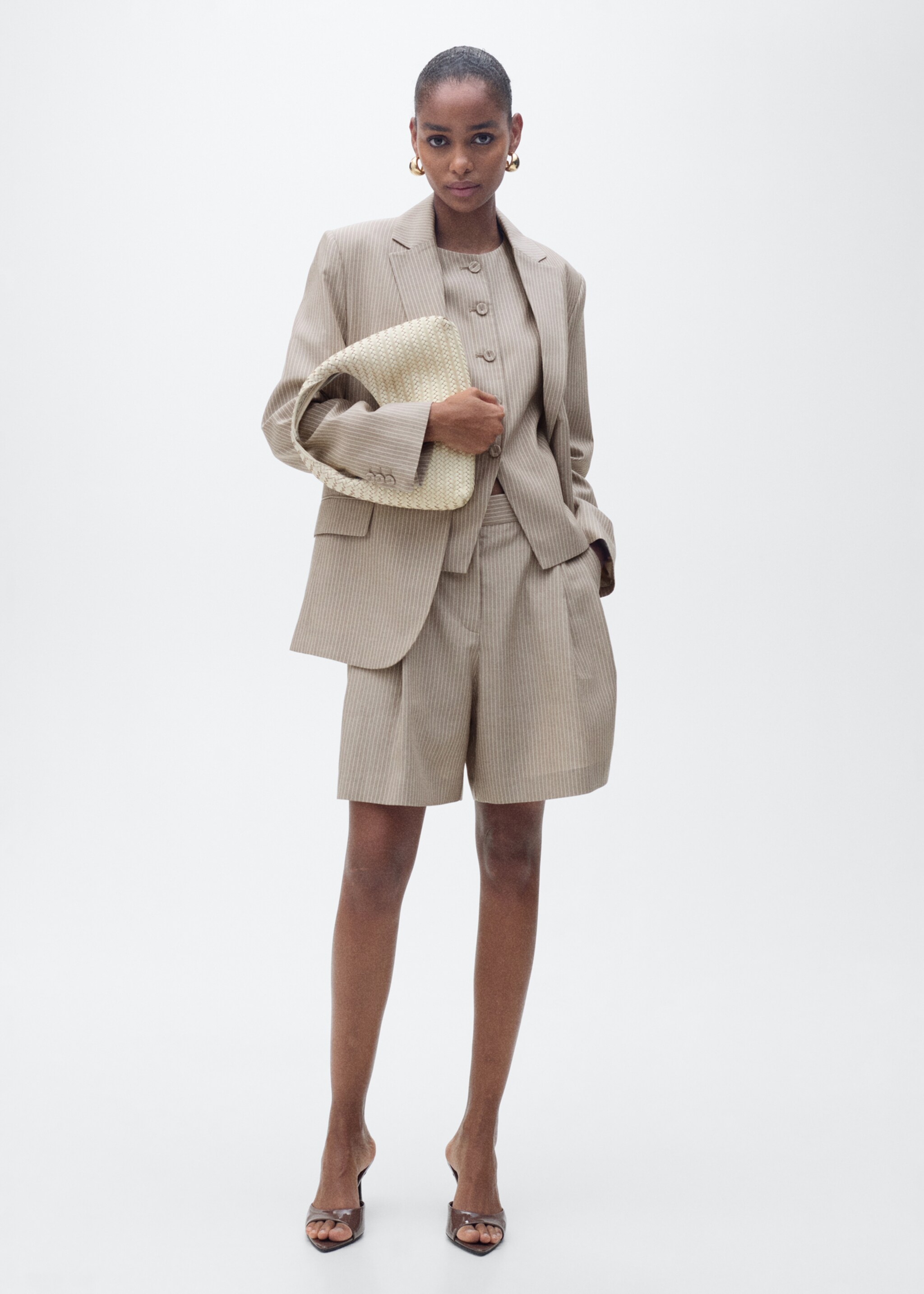 Calções de fato às riscas - Plano geral, Castanho-médio. Ref: 87087186-00.