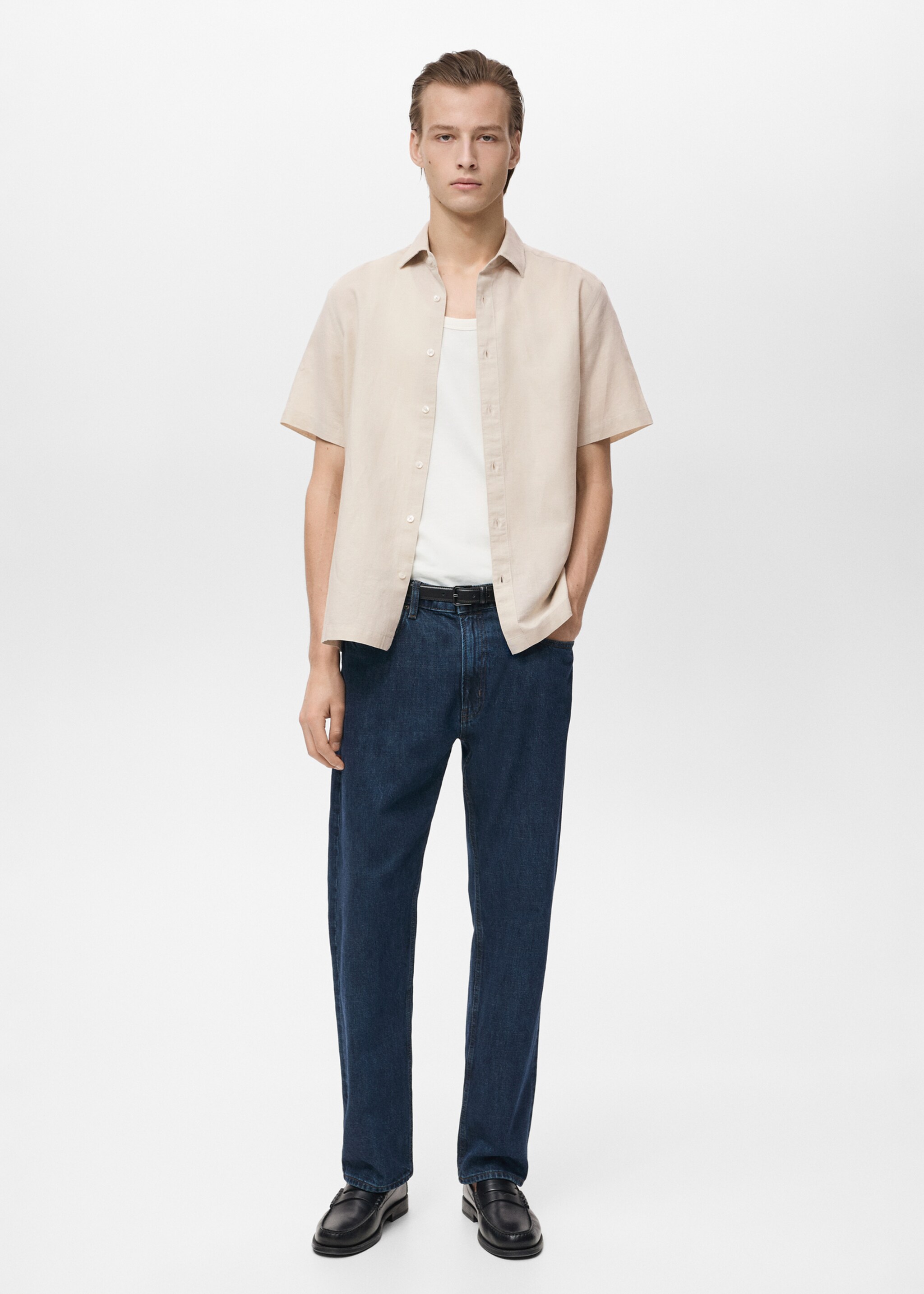 Short sleeve linen-blend shirt - General plane, Sand. Ref: 87087889-00.