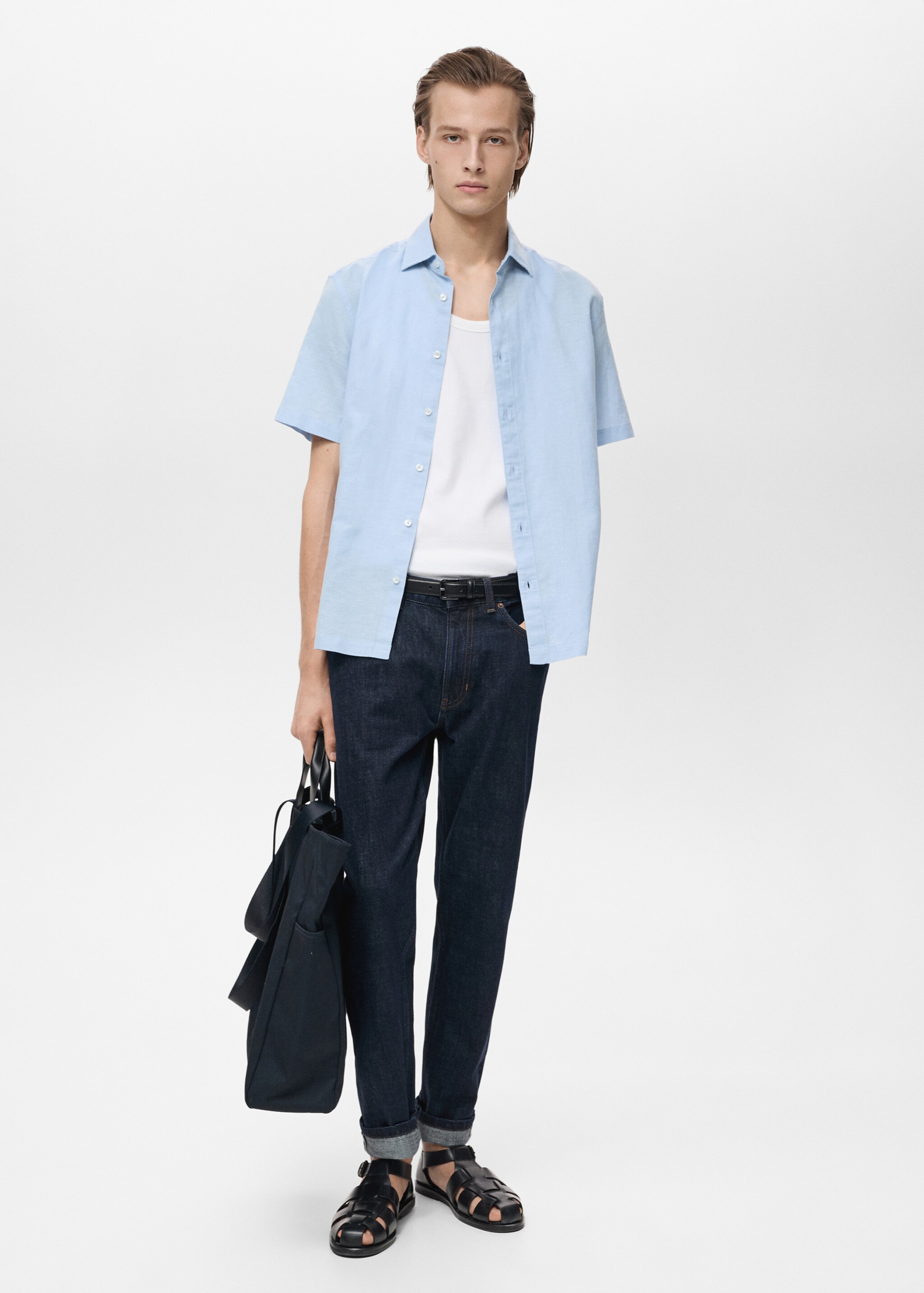 Short sleeve linen-blend shirt - General plane, Blue. Ref: 87087889-00.