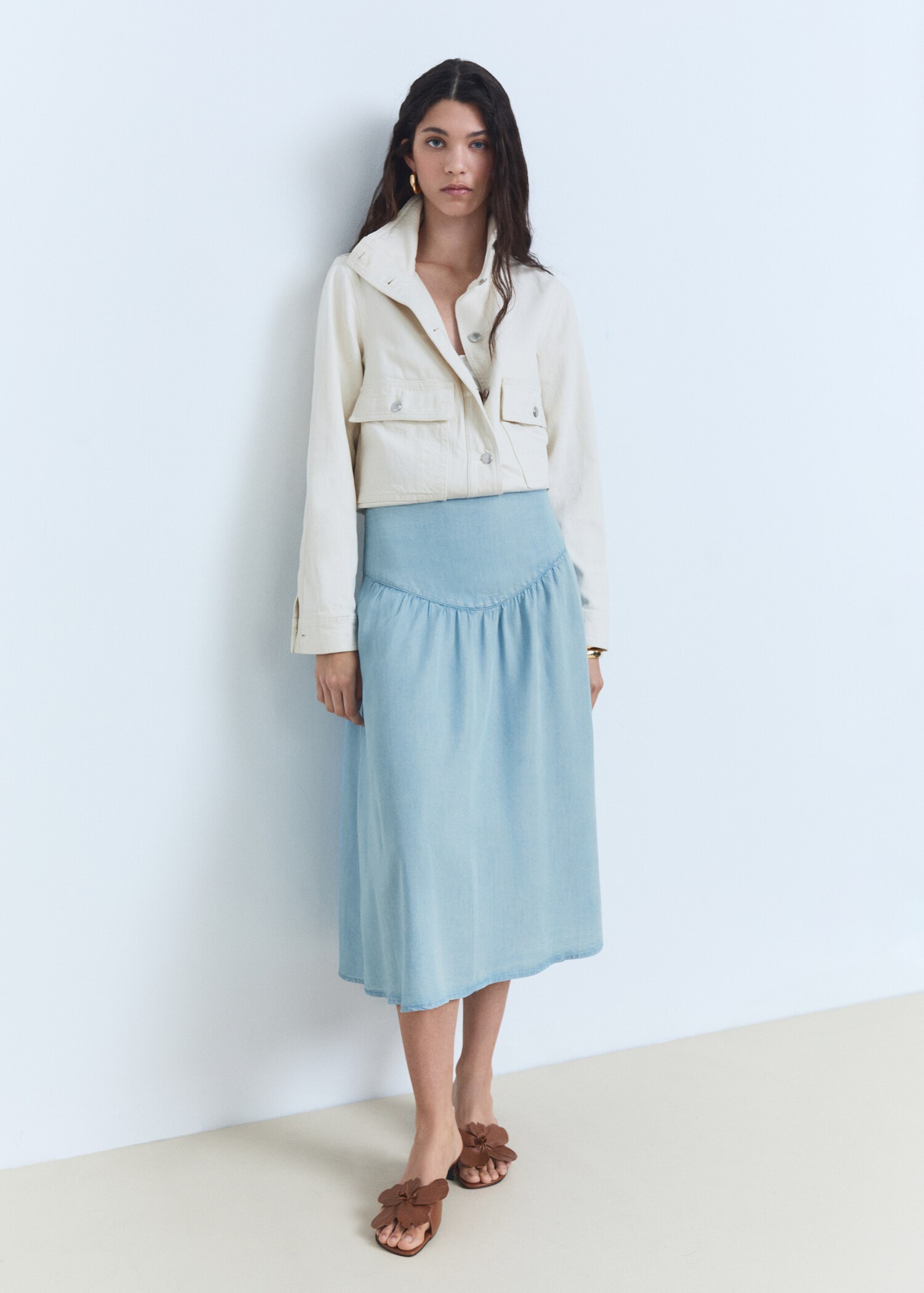 Soft denim midi-skirt with gathered detail - General plane