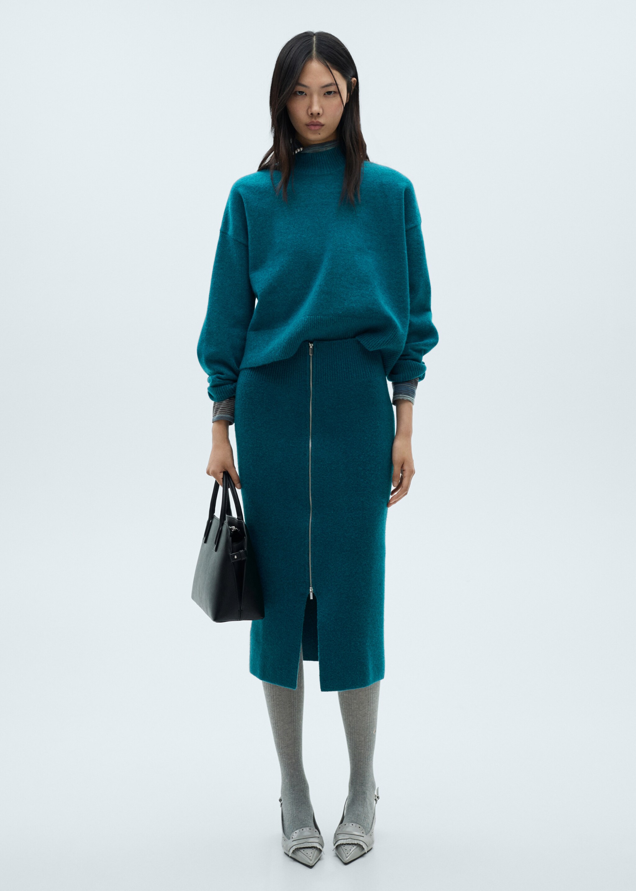 Jupe midi maille fermeture Éclair - Plan général, Vert. Ref: 87090435-00.