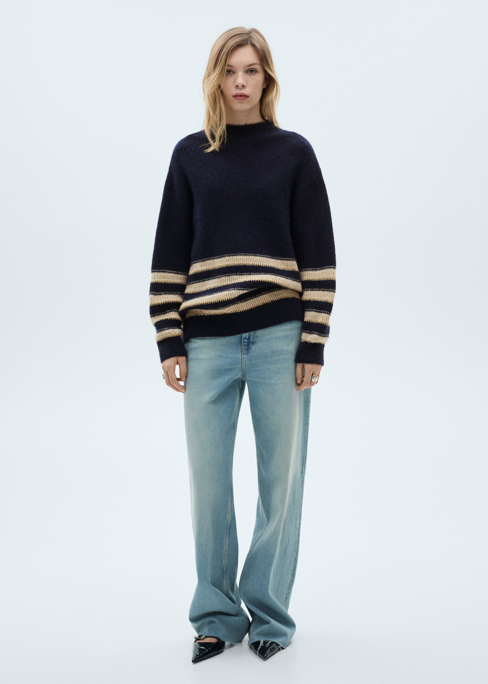 Gestreifter Pullover mit halbhohem Kragen - Allgemeine Ansicht, Dunkles Marineblau. Ref: 87090450-00.