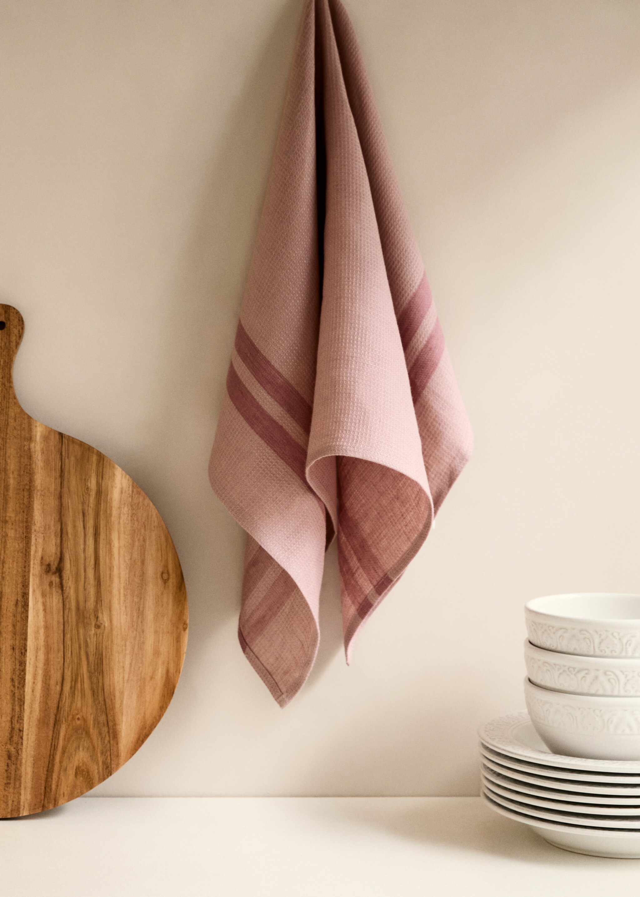 Waffle-linen striped kitchen cloth - General plane, Pink. Ref: 87093308-00.
