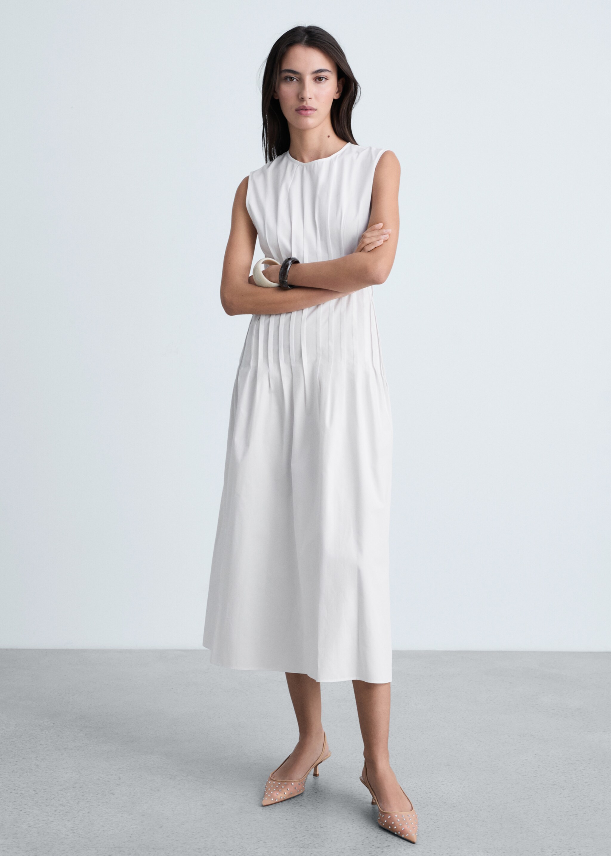 Cotton pleated midi-dress - General plane, White. Ref: 87094776-00.