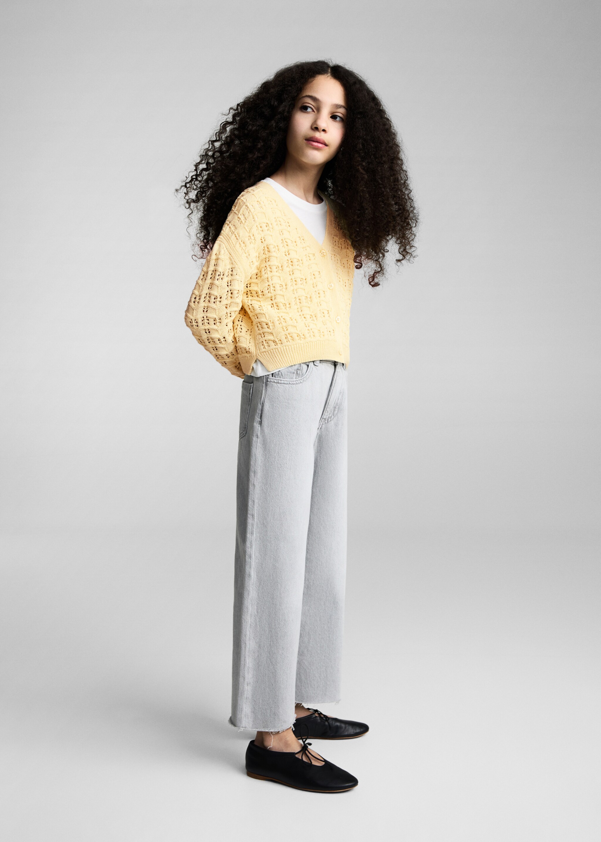 Openwork knit cardigan - General plane, Pastel Yellow. Ref: 87094804-00.