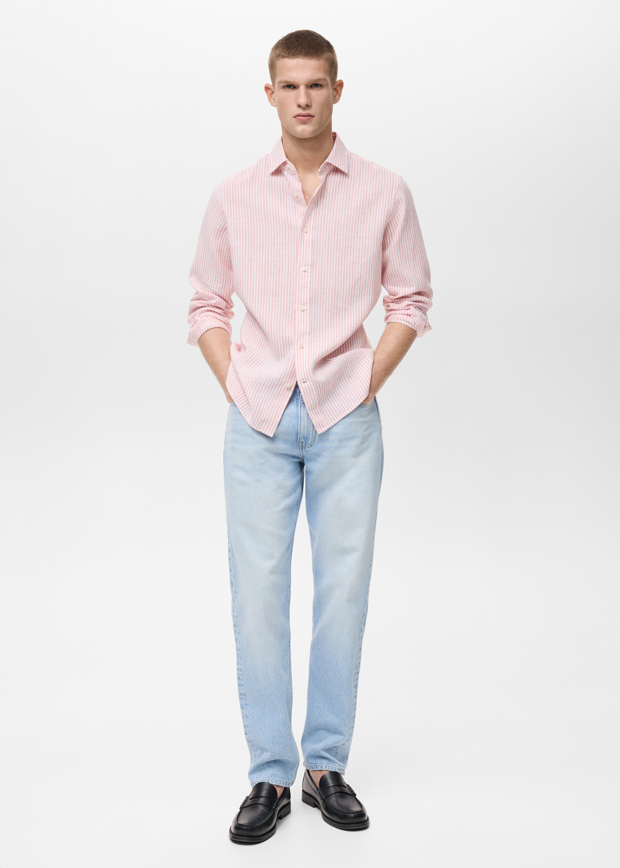 Regular fit striped linen shirt - General plane, Light Pink. Ref: 87095927-00.