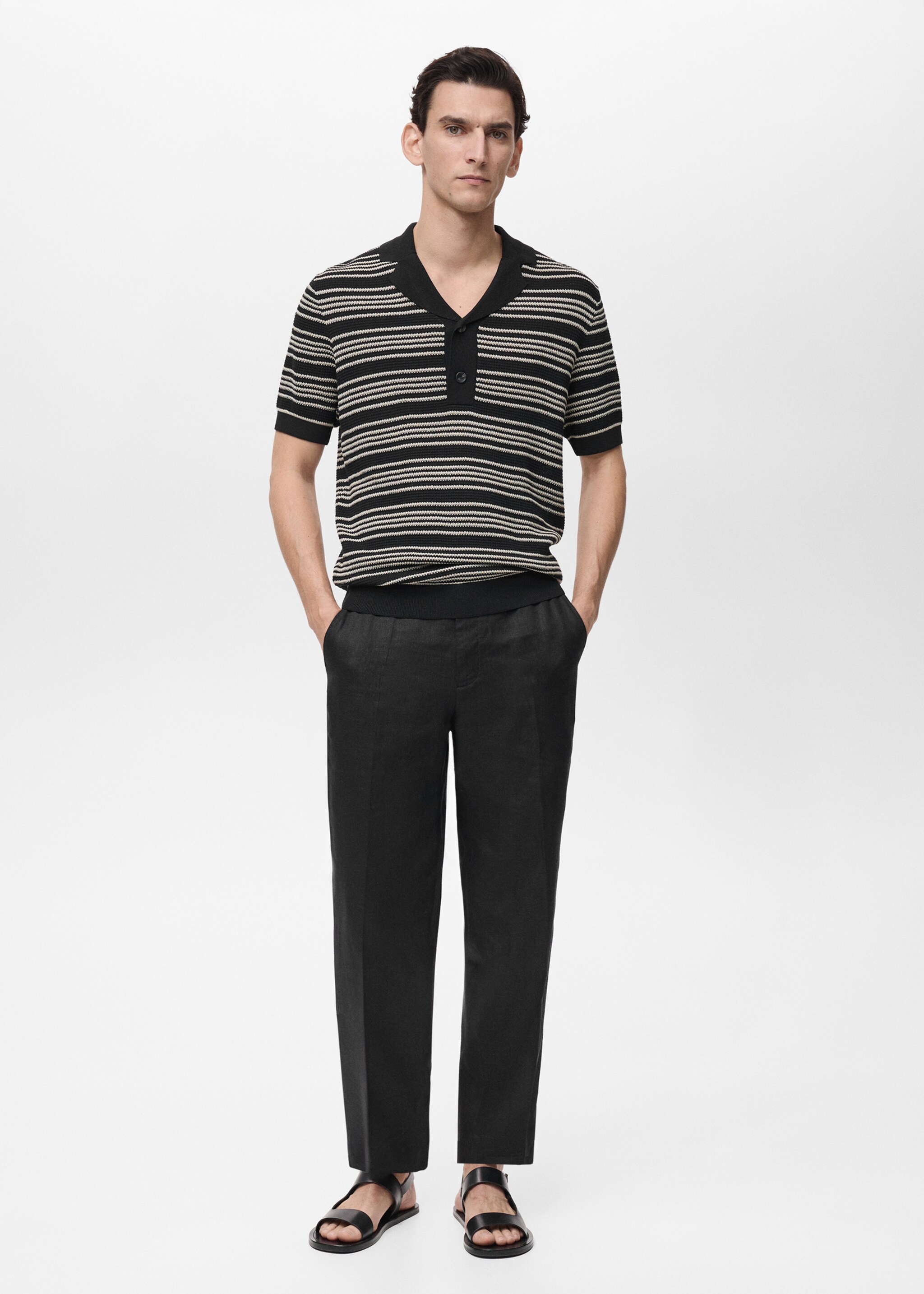Striped braided knit polo shirt - General plane, Black. Ref: 87095931-00.