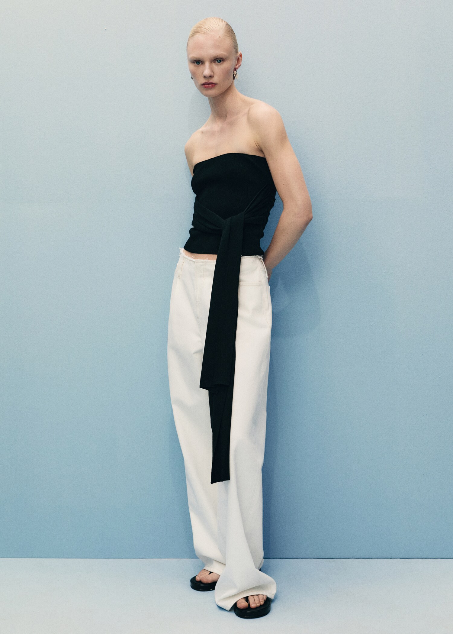 Wide leg denim trousers with frayed waist - General plane