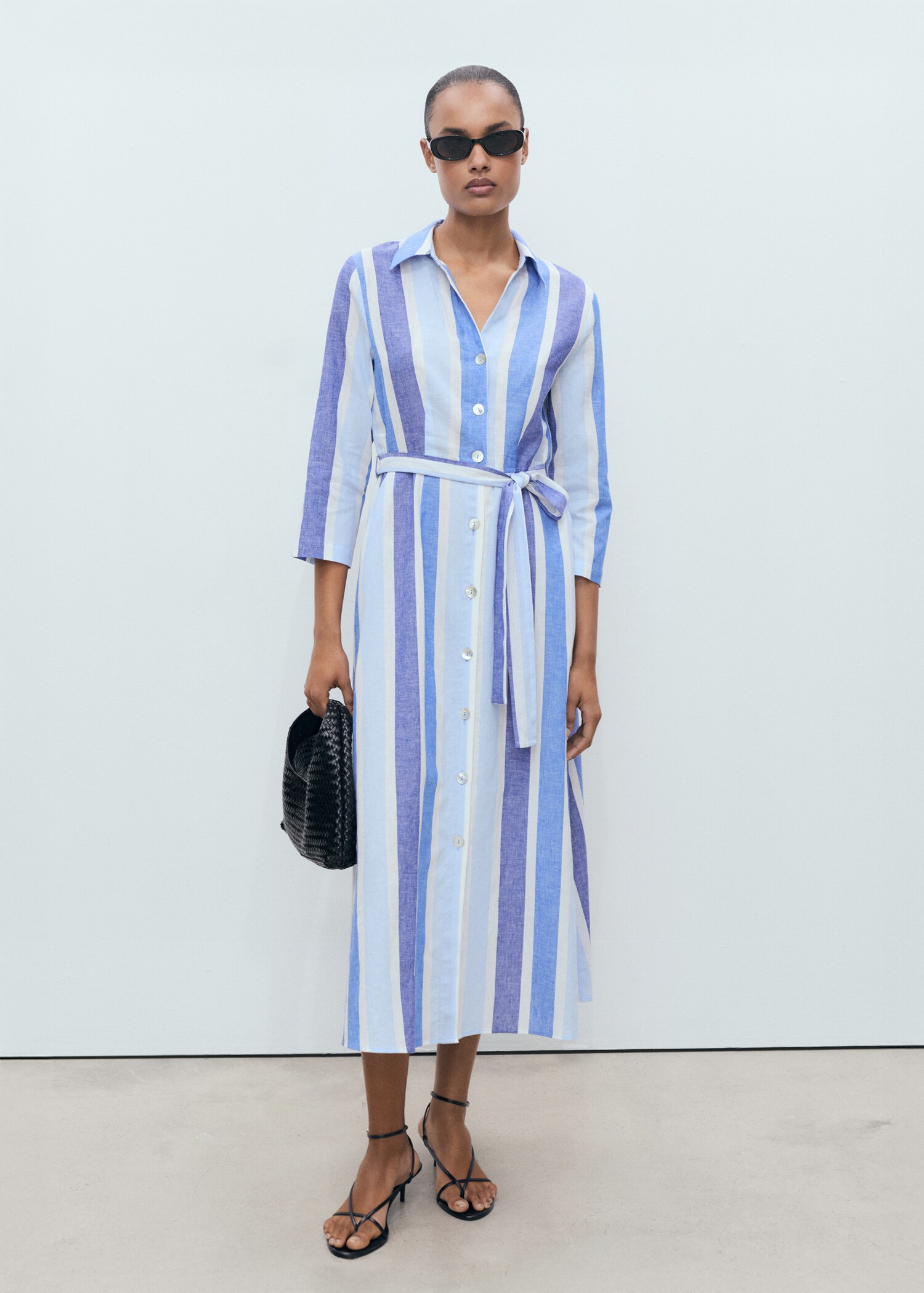 Striped linen dress with belt - General plane